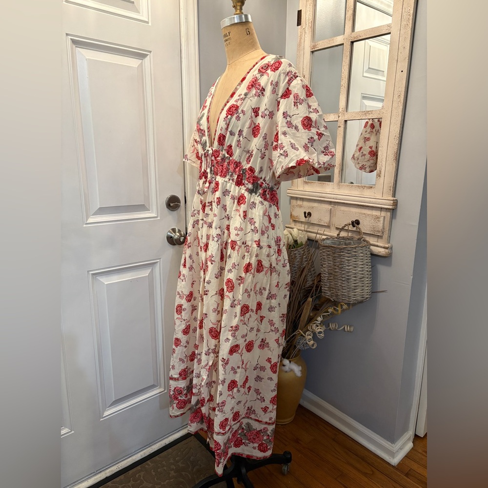 Jessica‎ Simpson White and Red Bell Sleeve Coquette Floral Midi Dress Size XL - Picture 2 of 3